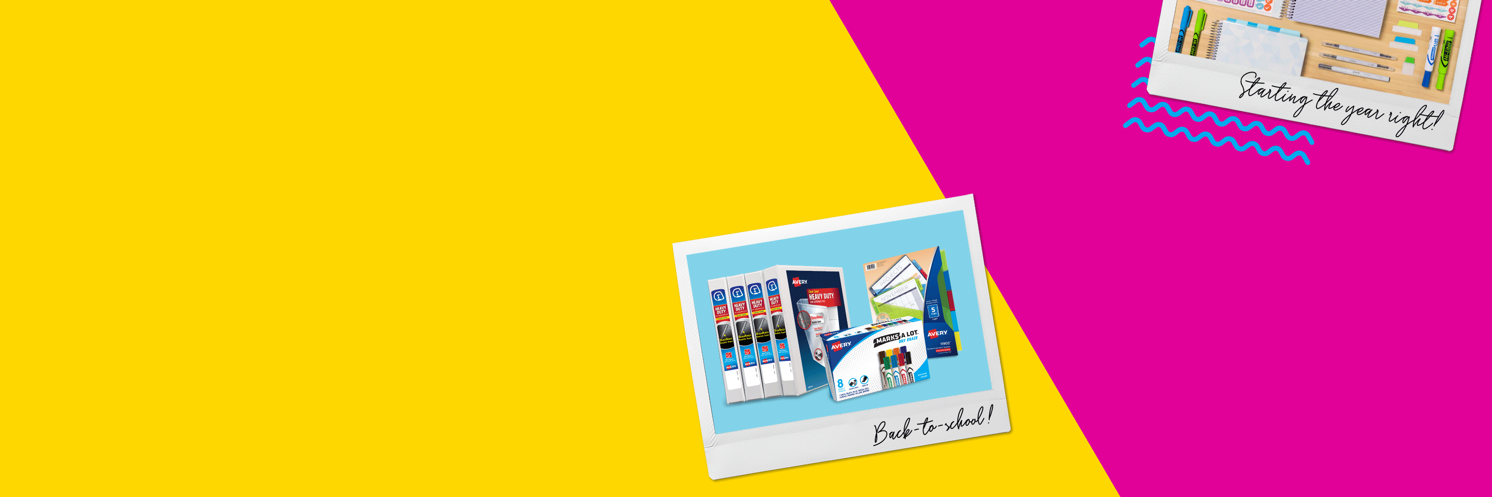 Two animated Polaroid-style photographs showing groups of back to school items, like Binders, Dividers, and Markers.